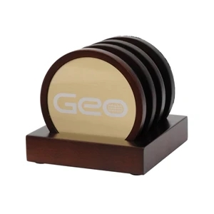 Oxford - 4 Piece Wooden Coaster Set With Gold Plate Insert And Stand Up Base