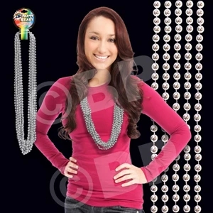 Silver Metallic Round Beaded Mardi Gras Beads Necklace, 33" (7mm), Blank