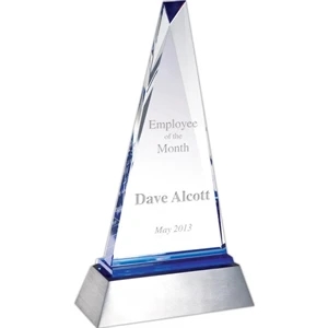 Optical Clear & Blue Crystal Triangle Shaped Award With Aluminum Base