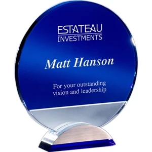 Optical Clear & Blue Crystal Circle Shaped Award With An Aluminum Base