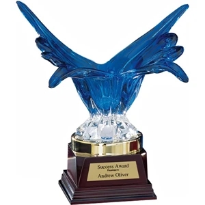 Wings - Blue & Clear Art Glass Wings Award With A Mahogany Finish Base