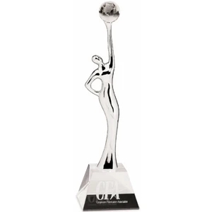 Global Celebration - Optical Crystal Globe Award With Crystal Base, Metal Riser