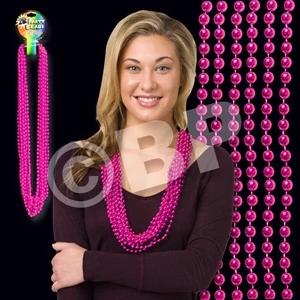 Hot Pink Metallic Round Beaded Mardi Gras Beads Necklace, 33" (7mm), Blank