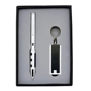 Metal Pen And Led Light-up Keychain Gift Set In A Gift Box With Eva Tray