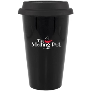 Terra - 11 Oz Double Wall Porcelain Tumbler With Silicone Lid. Black With Black Lid