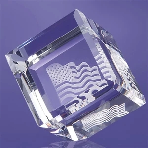 Allegheny - A Clear Cube Shaped Paperweight, Balanced On A Flattened Point