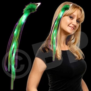 15" Marabou Diva Hair Clip With Purple & Yellow Ribbons, Bright Green Led's, Blank