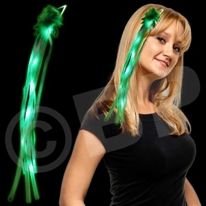 15" Green Marabou Diva Hair Clip With White Ribbons And Bright Green Led's, Blank