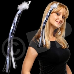 15" White Marabou Diva Hair Clip With Black & White Ribbons, White Led's, Blank