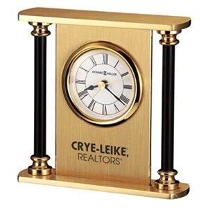 Casey - Solid Brass Alarm Clock With Black Lacquered Columns And Brushed Brass Panel