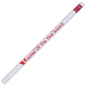 2 Colors - White - Teacher Theme Pencil Round Barrel, #2 Core, Red Ferrule, And Eraser