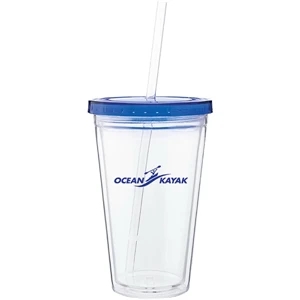 Spirit - Blue - 16 Oz Acrylic Double Wall Tumbler With Colored Threaded Lid And Clear Straw