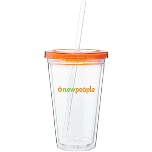 Spirit - Tangerine - 16 Oz Acrylic Double Wall Tumbler With Colored Threaded Lid And Clear Straw