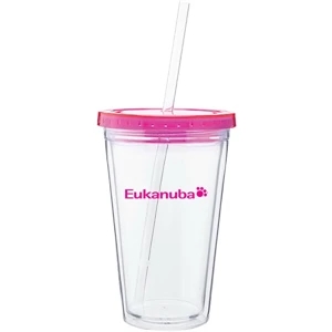 Spirit - Fuchsia - 16 Oz Acrylic Double Wall Tumbler With Colored Threaded Lid And Clear Straw