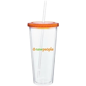 Spirit - Tangerine - 20 Oz Acrylic Double Wall Tumbler With Colored Threaded Lid And Clear Straw