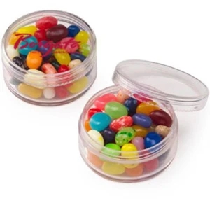 Gourmet Jelly Beans In A Round Container. Item Size: 2.25" Dia. X 1.125" H