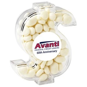 White Mints In A Dollar Sign Shaped Container. Item Size: 3" X 2.5" X .75"