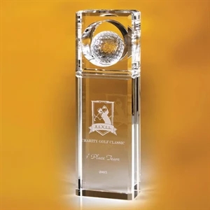 Timblin - Clear Glass Rectangular Tower Trophy With Golf Ball Top, 10"