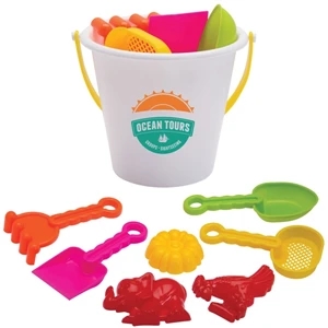 White Beach Bucket With Assorted Handle And Tool Colors; 6" X 5 1/2" X 6"