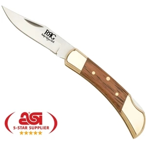 3" Wood Handle Lockback Knife, With Brass Bolsters And 2" Stainless Blade