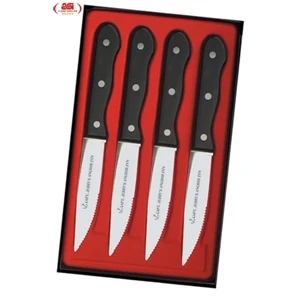 Set Of 4 Steak Knives, Stainless Blades, Black Delrin Handles, In A Gift Box