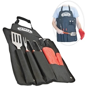 7 Piece Bbq Apron And Tool Set Made Of Steel/wood For Camping, Parties, And Picnics
