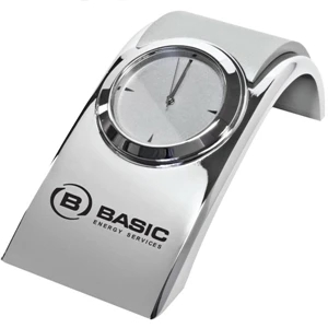 Contemporary Style Analog Arch Metal Clock Printed With Your Logo. Battery Included