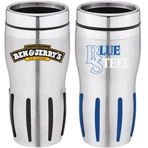 Stainless Steel 16 Oz. Travel Tumbler With Colored Rubber Grip And Thumb Slide Lid