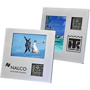 Photo Frame Holds 3-1/2" X 5" Photo, Digital Clock, Calendar, And Thermometer