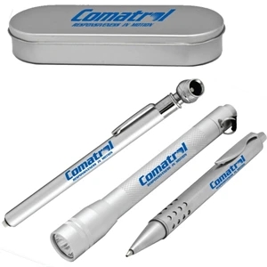 3 Piece Tool Set Including Alumimum Flashlight, Aluminum Tire Gauge & Ballpoint Pen