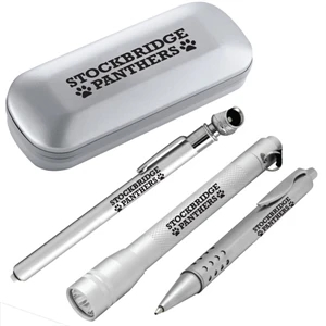 3 Piece Tool Set Including Alumimum Flashlight, Aluminum Tire Gauge & Ballpoint Pen