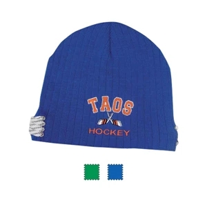 Sport Knit Cap; 100% Acrylic With Metal Eyelets And Sport Laces On Sides. Closeout
