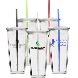 20 Oz Clear Double Wall Acrylic Cup With Screw-top Lid And Clear Straw, Bpa Free