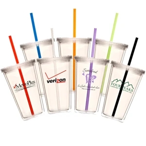 16 Oz Clear Double Wall Acrylic Cup With Screw-top Lid And Colored Straw, Bpa Free