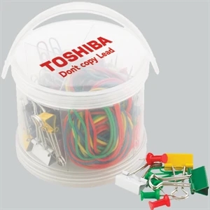 Paper Clips, Binder Clips, Push Pins And Rubber Bands In Cute Stationery Pail