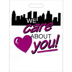 "we Care About You" With Heart And Skyline - Stock Design 2.0 Mil Plastic Take Home Bag, 11" X 15"