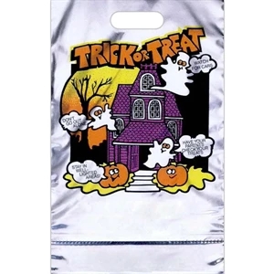"trick Or Treat" With Ghosts And House - Reflective Metallic Halloween Bag With A Perforated Coupon