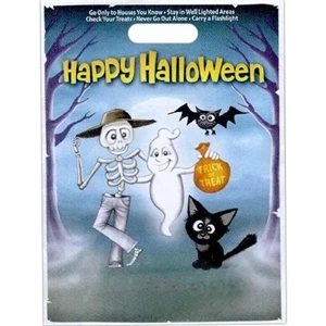 "happy Halloween" With Skeleton, Ghost, Cat, And Bat. - Stock Design Full Color Halloween Bag, 11" X 15"