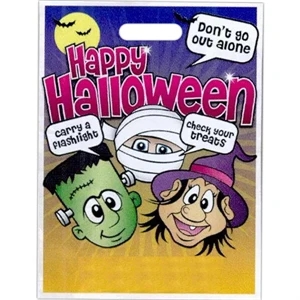 "happy Halloween" With Frankenstein, Mummy, And Witch. - Stock Design Full Color Halloween Bag, 11" X 15"