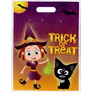"trick Or Treat" With Witch Costume And Black Cat. - Stock Design Full Color Halloween Bag, 11" X 15"