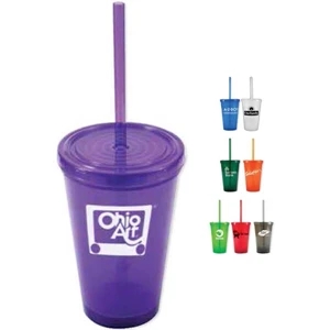 Free 2 Go - 16 Oz Double Wall Polypropylene Cup With Snap On Lid And Matching Straw