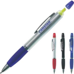 Gemini - Twist Action Pen With Yellow Highlighter With Matte Silver Barrel