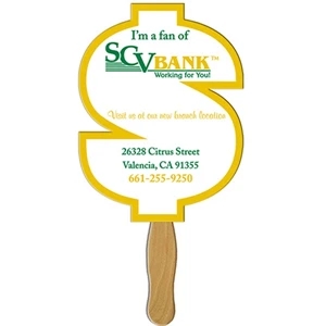 Digital Printed Dollar Sign Shape Auction Fan With Visible Wooden Stick