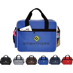 California - Briefcase. Side Mesh Pocket And Slip Pocket. Front Zippered Pocket. Webbed Handles