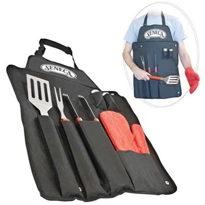 7 Pc Bbq Apron Set. Spatula, Fork, Tongs, Oven Mitt, Salt & Pepper, Apron