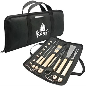 11 Pc Bbq Set. Spatula, Bbq Fork, Tongs, Basting Brush, 2 Skewers, 4 Cob Holders