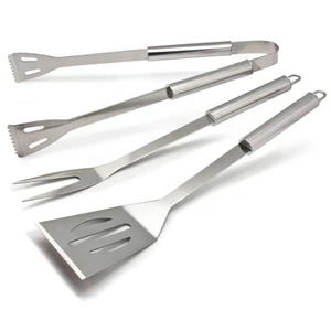 3 Pc Stainless Steel Bbq Tool Set. Tongs, Spatula And Fork In Black Drawstring Bag