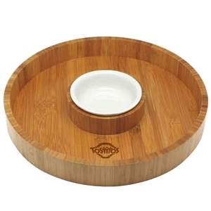 Gourmet Bamboo 2-piece Chip & Dip Tray. 12" Round Bamboo Tray With Ceramic Bowl
