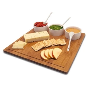 Trio Bamboo Serving Tray. Large Serving Board. 3 Ceramic 3.5" Bowls & Spoons