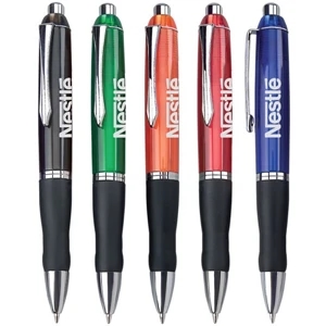 Aaron - Click Action Ballpoint Pen With Translucent Body, Shiny Accents, Black Rubber Grip